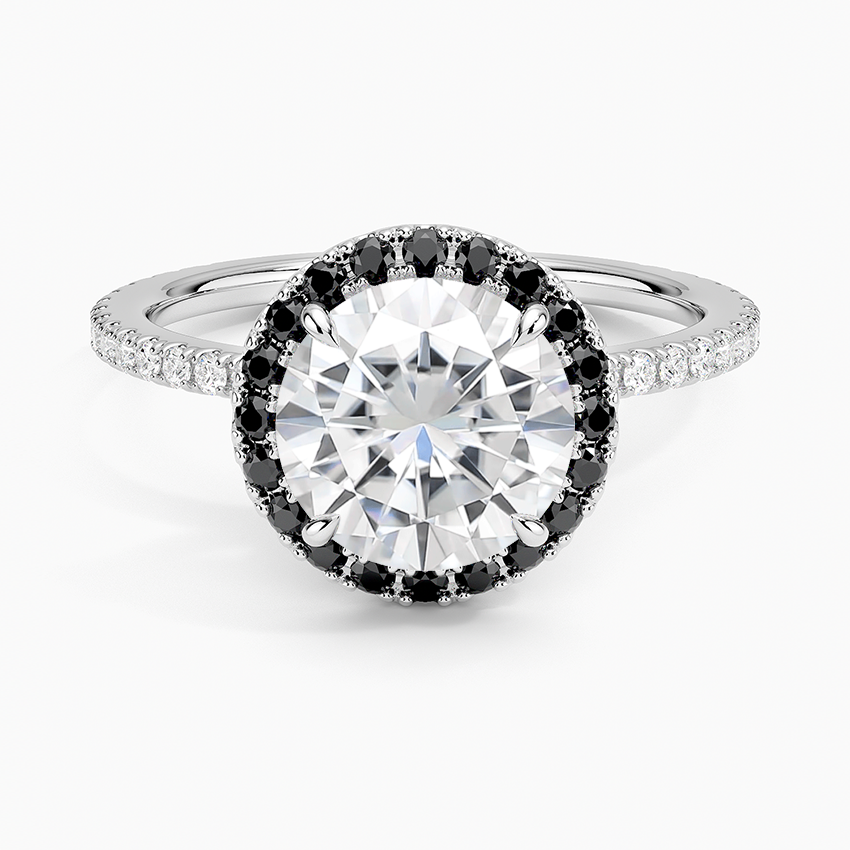 Moissanite Waverly Halo Diamond Ring with Black Diamond Accents in 18K White Gold