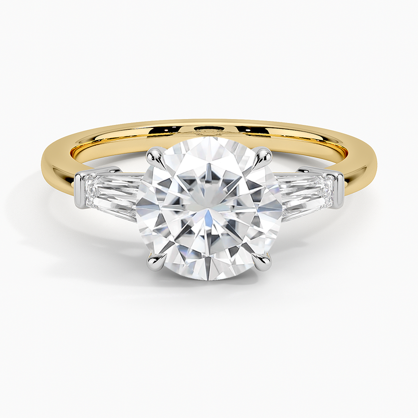 Moissanite Mixed Metal Symphony Three Stone Diamond Ring in 18K Yellow Gold