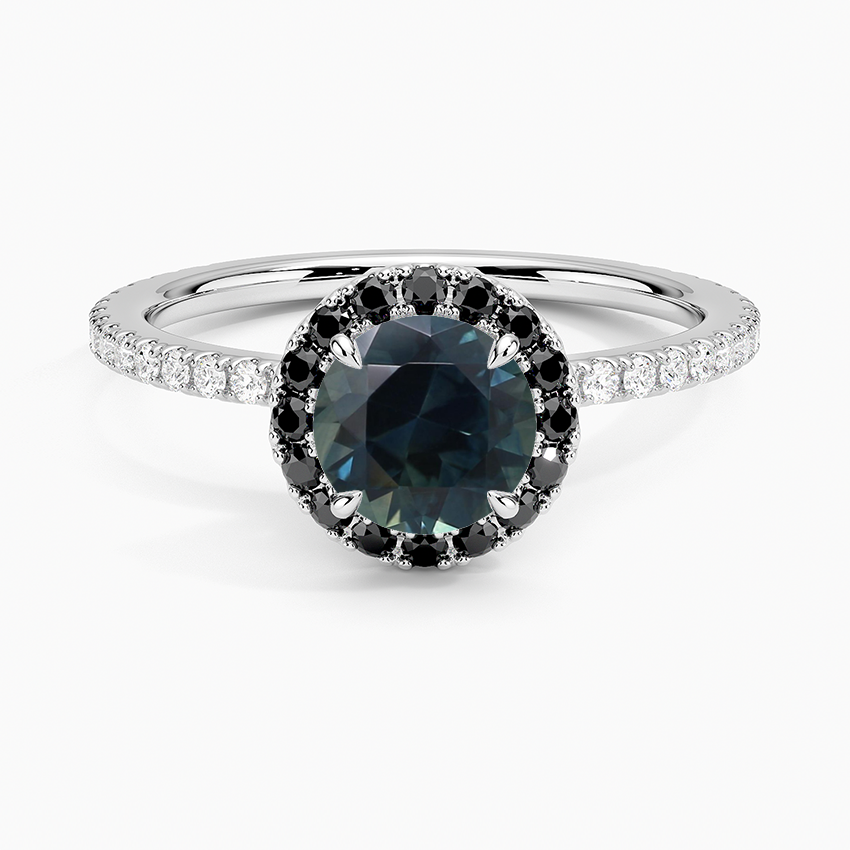 Sapphire Waverly Halo Diamond Ring with Black Diamond Accents in 18K White Gold