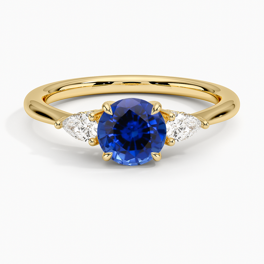 Sapphire Adorned Petite Opera Three Stone Diamond Ring in 18K Yellow Gold