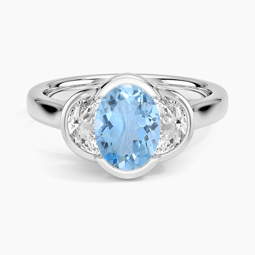 Aquamarine Half Moon Three Stone Bezel Diamond Ring (1/2 ct. tw.) in 18K White Gold