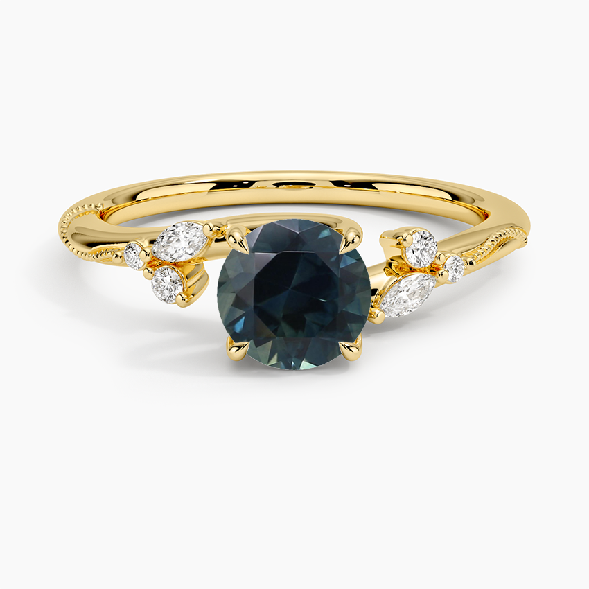 Sapphire Camellia Milgrain Diamond Ring in 18K Yellow Gold