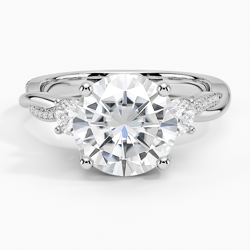 Moissanite Adorned Petite Twisted Vine Three Stone Diamond Ring in 14K White Gold