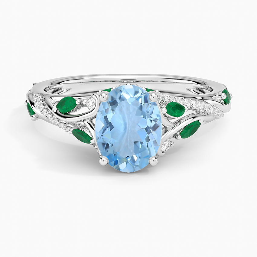 Aquamarine Begonia Vine Diamond And Lab Emerald Ring (1/8 ct. tw.) in 18K White Gold