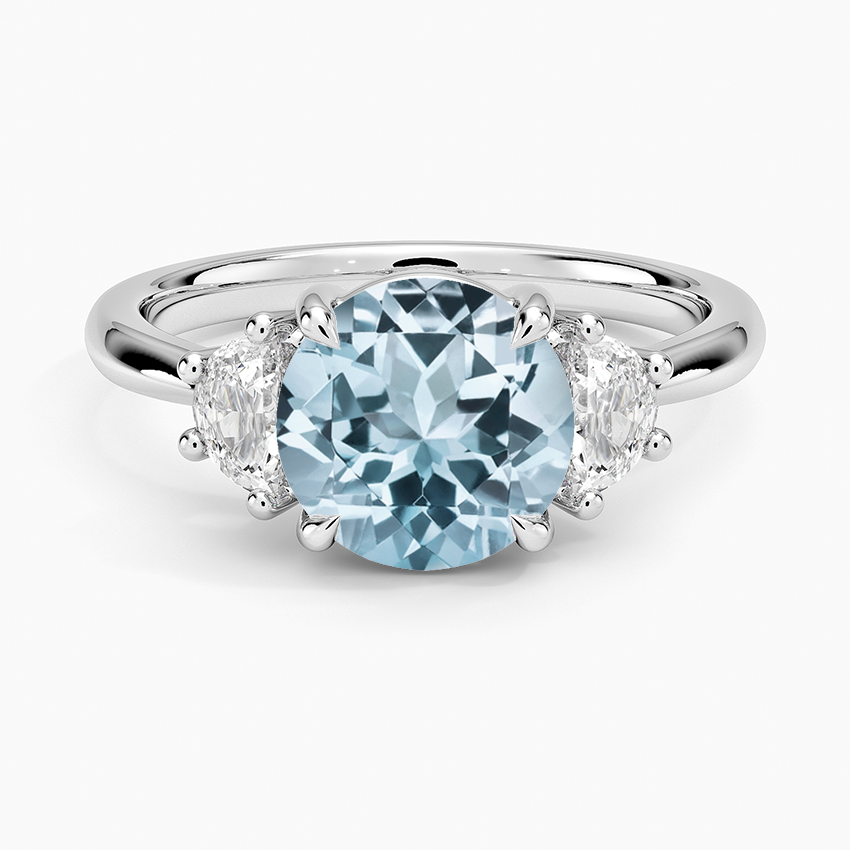 Aquamarine Half Moon Three Stone Diamond Ring (1/4 ct. tw.) in 14K White Gold