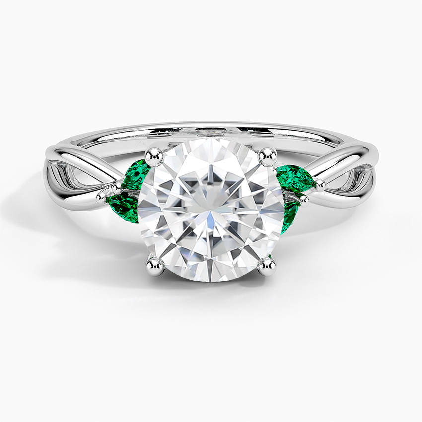 Moissanite Willow Ring With Lab Emerald Accents in 18K White Gold