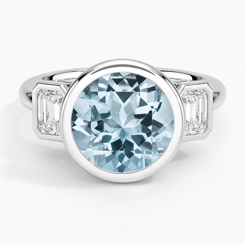 Aquamarine Rhiannon Bezel Three Stone Diamond Ring in 14K White Gold