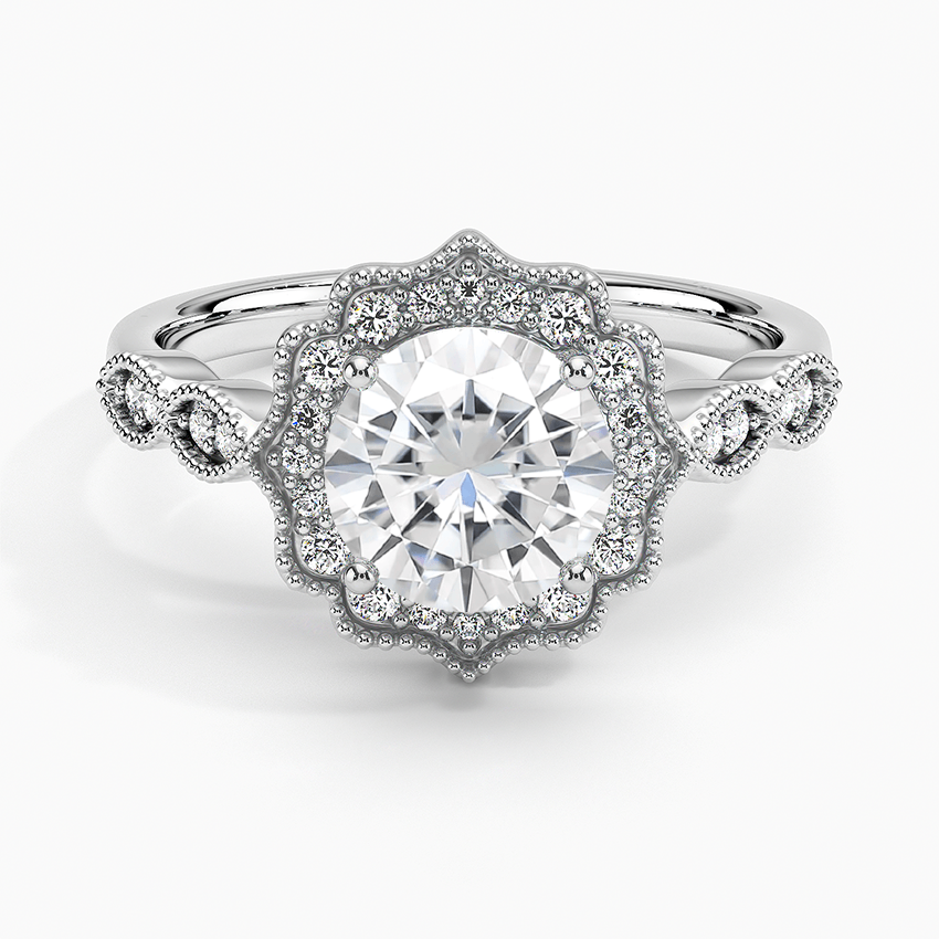 Moissanite Cadenza Halo Diamond Ring in Platinum
