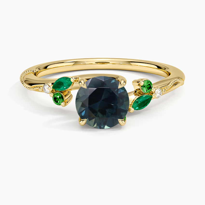 Sapphire Camellia Milgrain Green Gemstone and Diamond Ring in 14K Yellow Gold