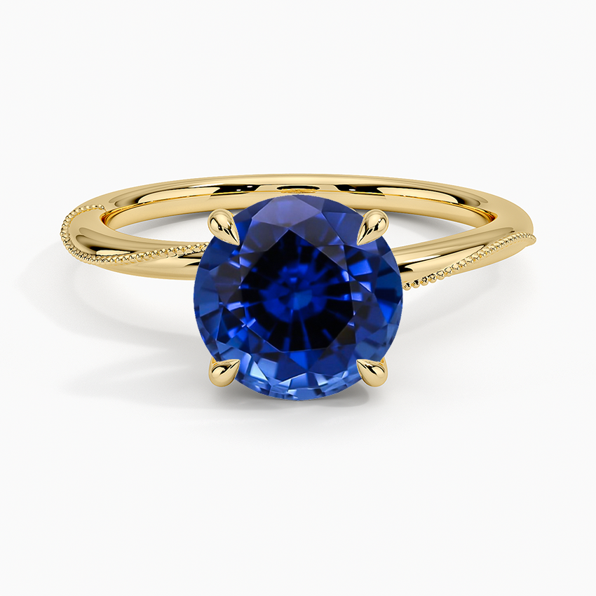Lab Grown Sapphire Adorned Camellia Milgrain Diamond Ring in 18K Yellow Gold