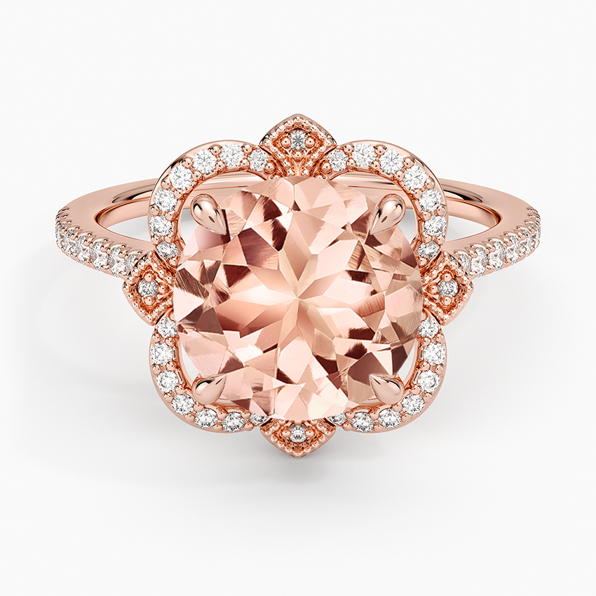 Morganite Reina Halo Diamond Ring in 14K Rose Gold