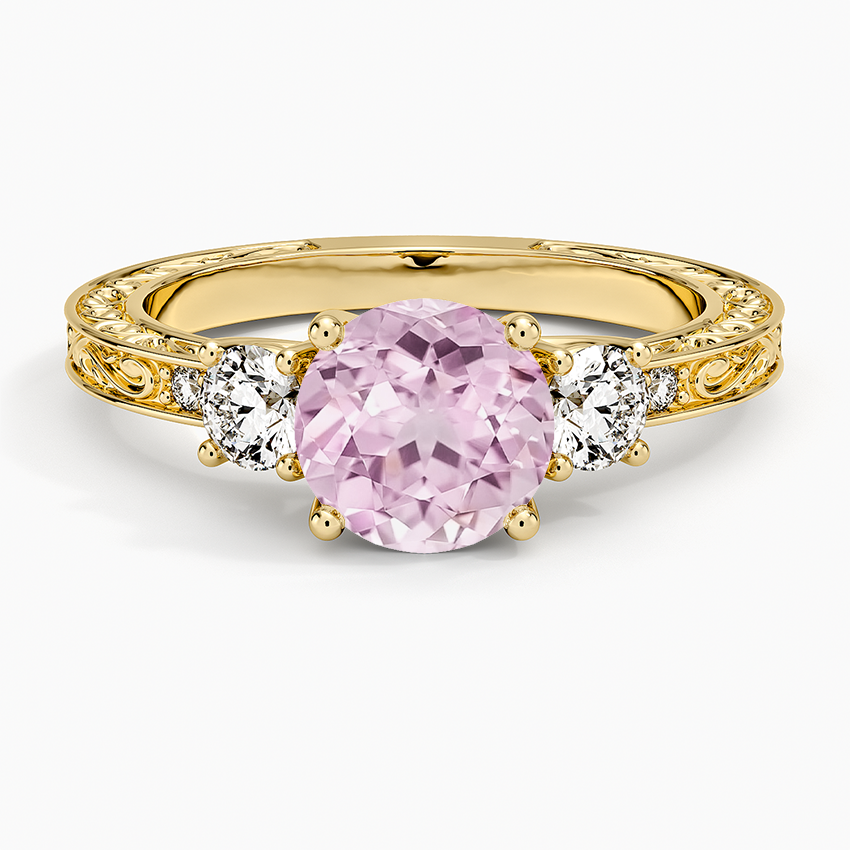 Lab Grown Sapphire Antique Scroll Engraved Three Stone Diamond Ring (1/3 ct. tw.) in 14K Yellow Gold