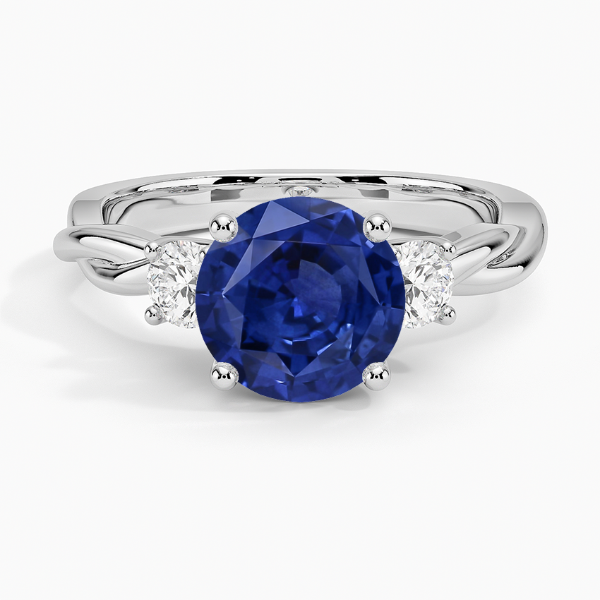 Sapphire Twisted Vine Three Stone Diamond Ring in 14K White Gold
