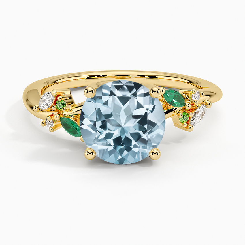 Aquamarine Arden Diamond Ring with Lab Emerald Accents in 18K Yellow Gold