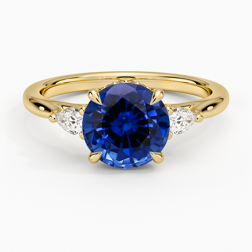 Lab Grown Sapphire Floating Three Stone Pear Diamond Ring in 18K Yellow Gold