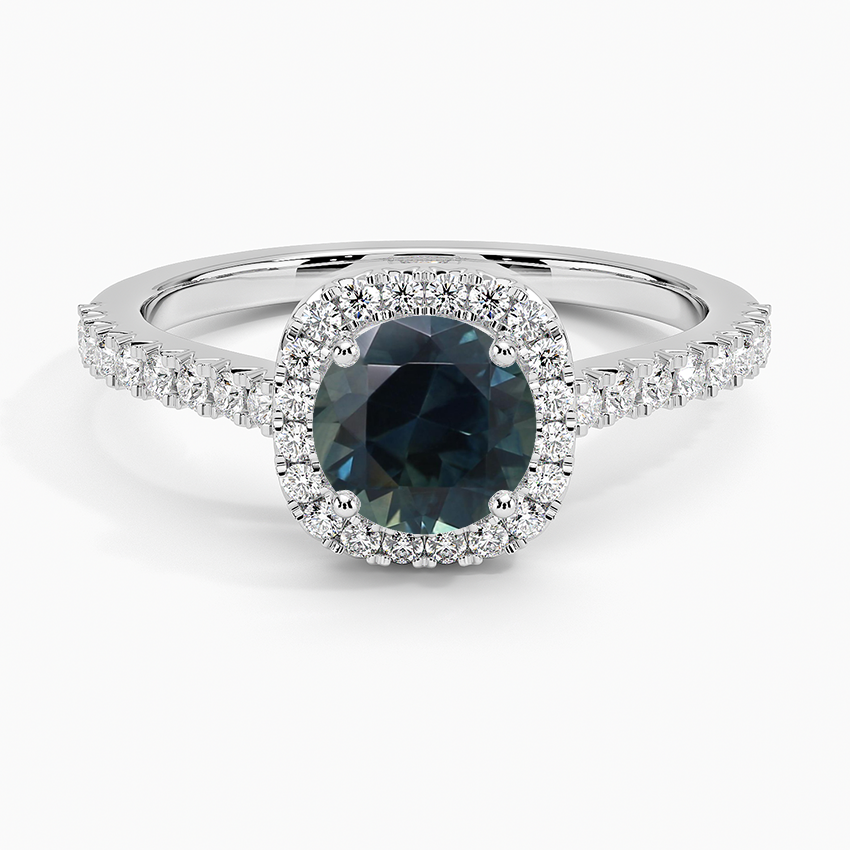 Sapphire Adorned Odessa Halo Diamond Ring in 18K White Gold
