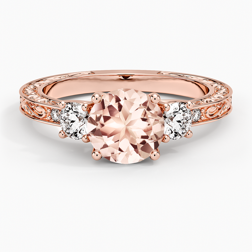 Morganite Antique Scroll Engraved Three Stone Diamond Ring (1/3 ct. tw.) in 14K Rose Gold