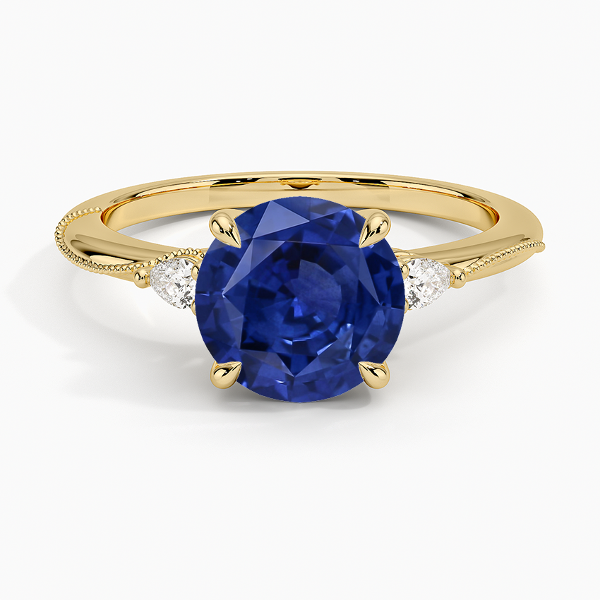 Sapphire Camellia Three Stone Pear Diamond Ring in 14K Yellow Gold