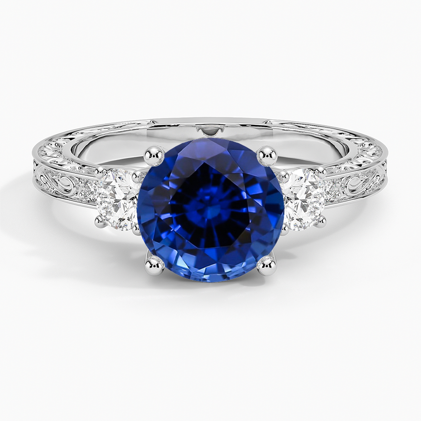 Lab Grown Sapphire Antique Scroll Engraved Three Stone Diamond Ring (1/3 ct. tw.) in 18K White Gold