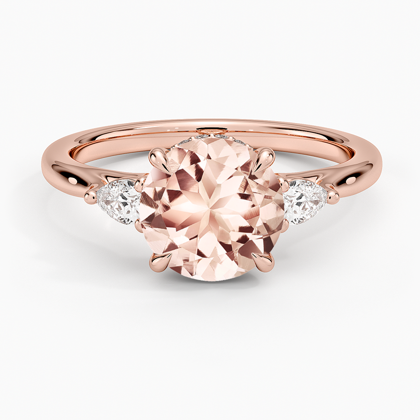 Morganite Floating Three Stone Pear Diamond Ring in 14K Rose Gold