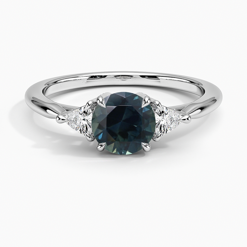 Sapphire Trillion Cut Three Stone Diamond Ring in 18K White Gold