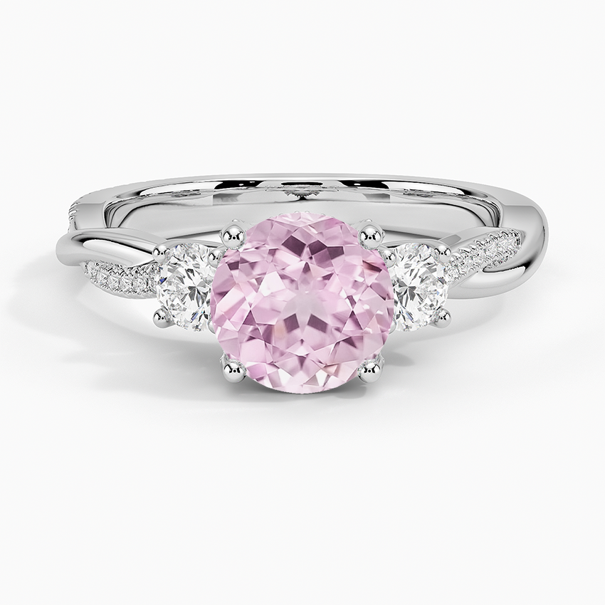 Lab Grown Sapphire Adorned Petite Twisted Vine Three Stone Diamond Ring in 18K White Gold