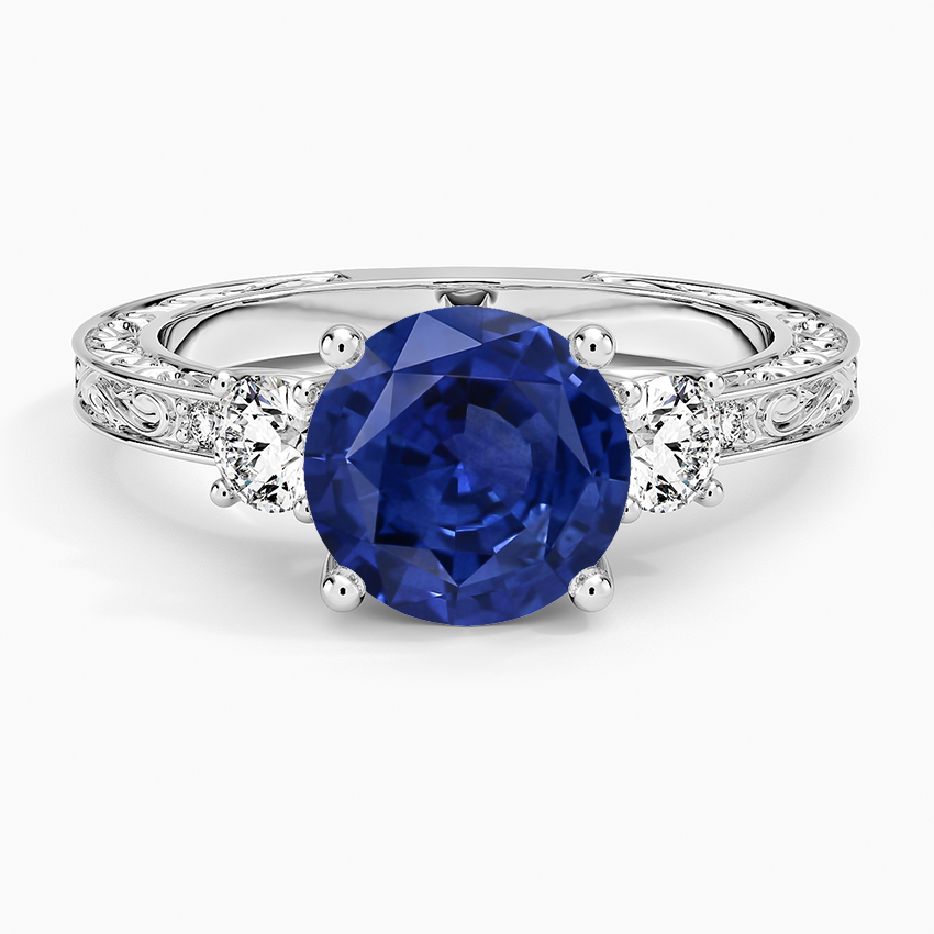 Sapphire Antique Scroll Engraved Three Stone Diamond Ring (1/3 ct. tw.) in 18K White Gold