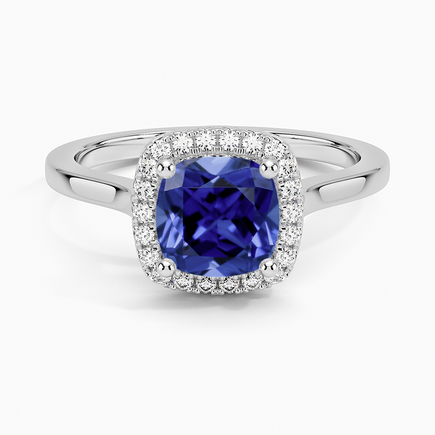 Sapphire French Halo Diamond Ring in 18K White Gold