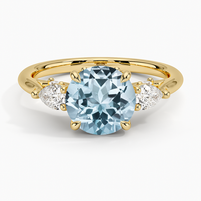 Aquamarine Secret Garden Gallery Three Stone Diamond Ring in 18K Yellow Gold