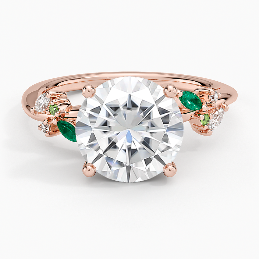 Moissanite Arden Diamond Ring with Lab Emerald Accents in 14K Rose Gold