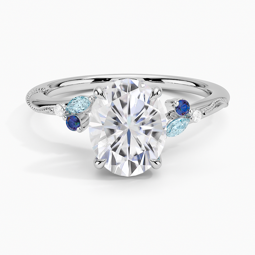 Moissanite Camellia Indigo Milgrain Ring in 18K White Gold