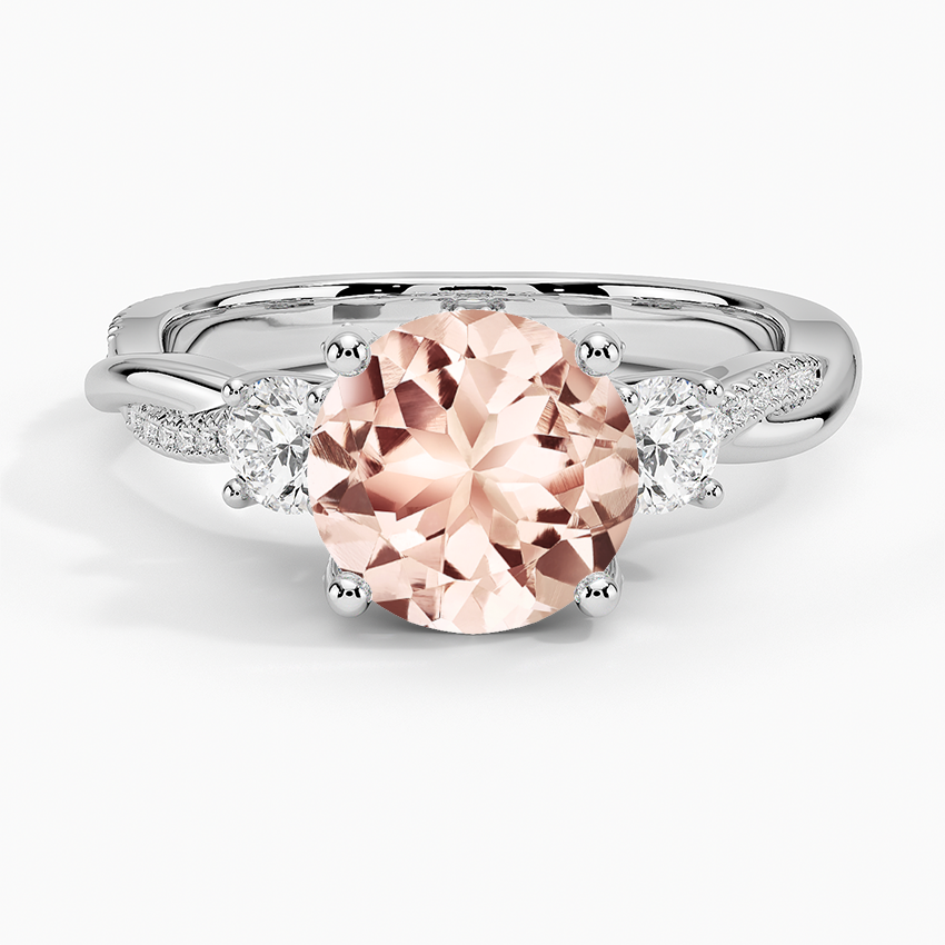 Morganite Adorned Petite Twisted Vine Three Stone Diamond Ring in 18K White Gold