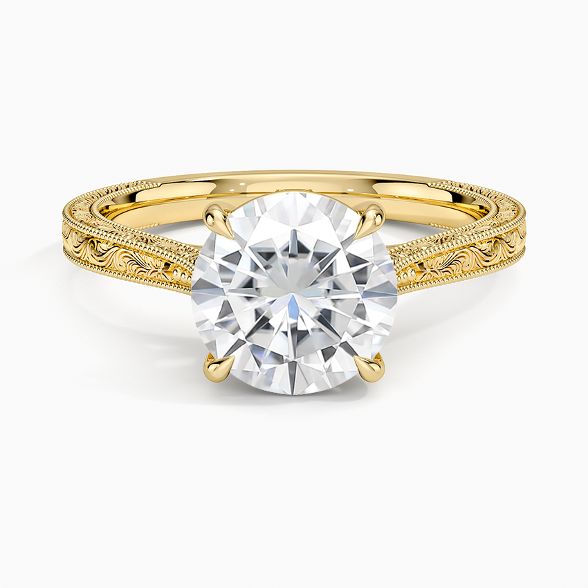 Moissanite Elsie Engraved Ring in 18K Yellow Gold