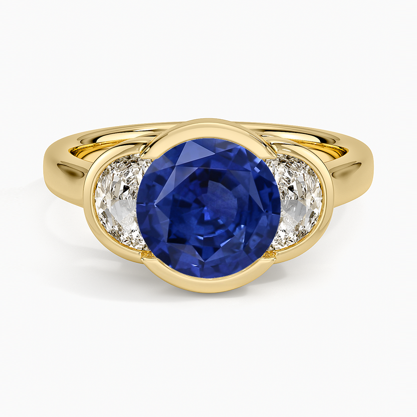 Sapphire Half Moon Three Stone Bezel Diamond Ring (1/2 ct. tw.) in 18K Yellow Gold