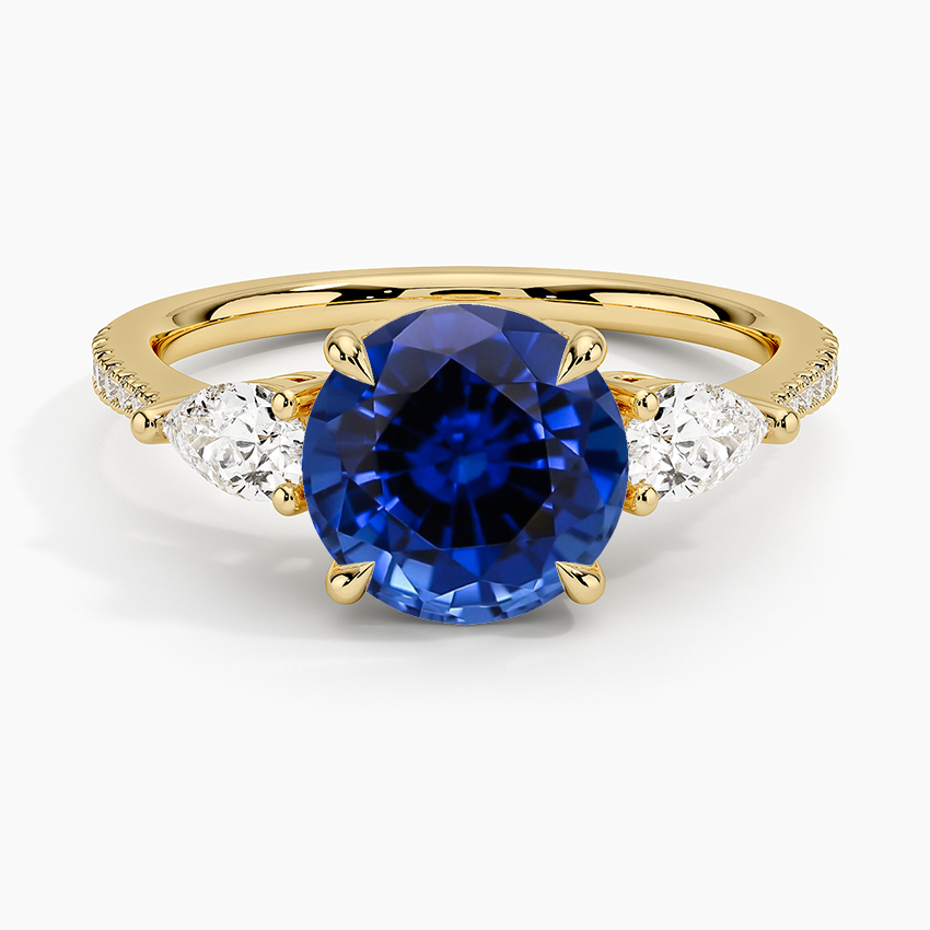 Lab Grown Sapphire Opera Accented Three Stone Diamond Ring in 18K Yellow Gold