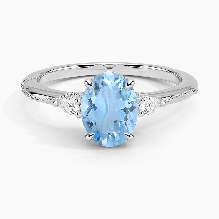 Aquamarine Camellia Three Stone Pear Diamond Ring in 18K White Gold