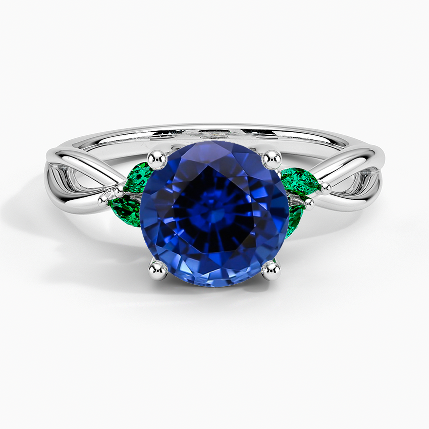 Lab Grown Sapphire Willow Ring With Lab Emerald Accents in 18K White Gold