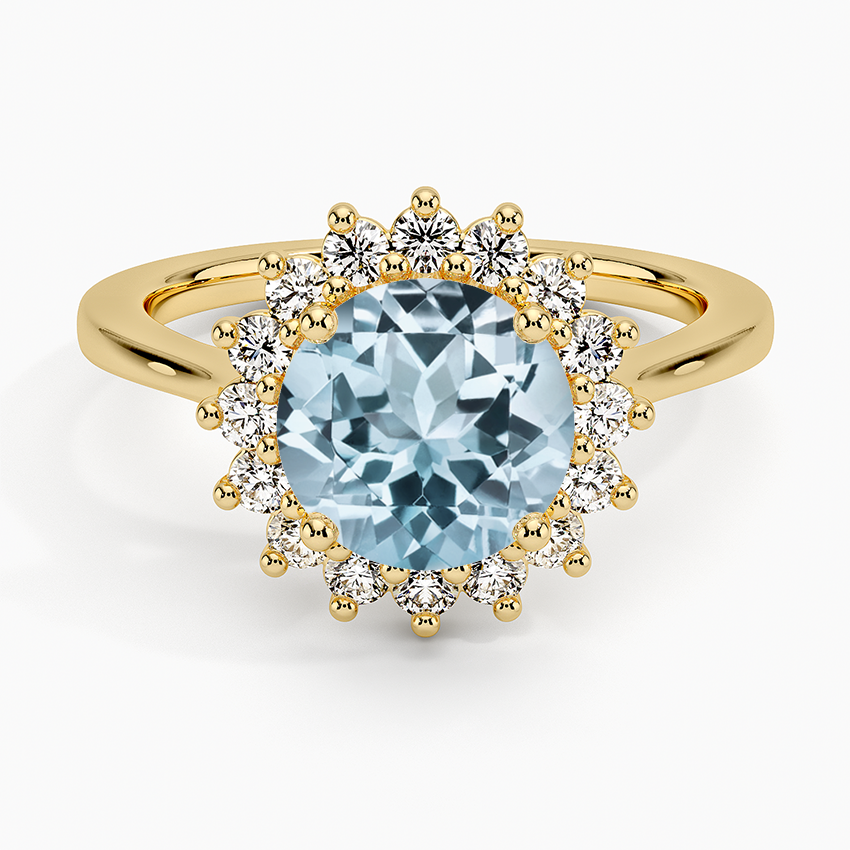 Aquamarine Sunburst Halo Diamond Ring (1/4 ct. tw.) in 18K Yellow Gold