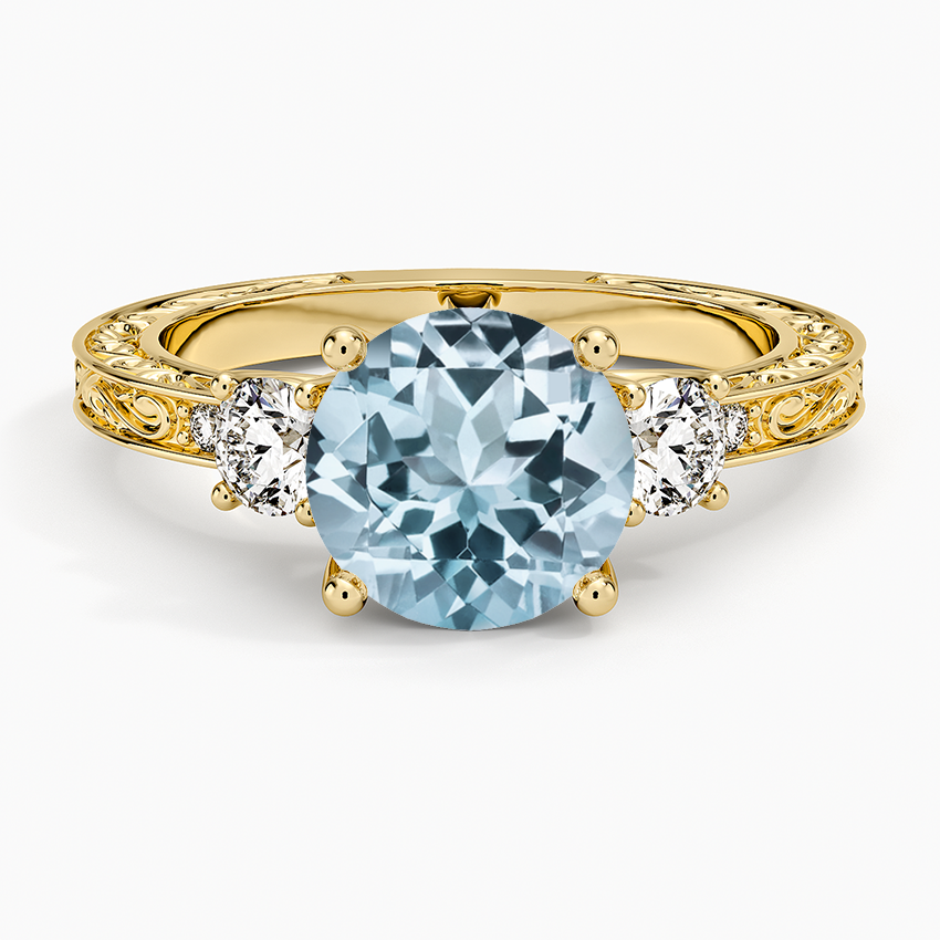 Aquamarine Antique Scroll Engraved Three Stone Diamond Ring (1/3 ct. tw.) in 14K Yellow Gold