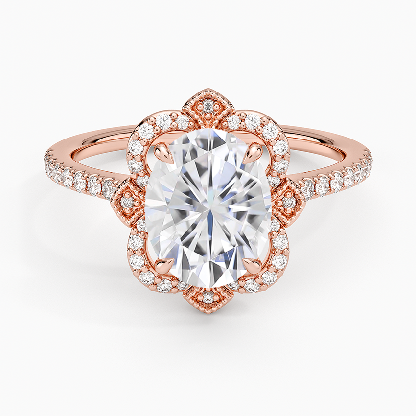 Moissanite Reina Halo Diamond Ring in 14K Rose Gold
