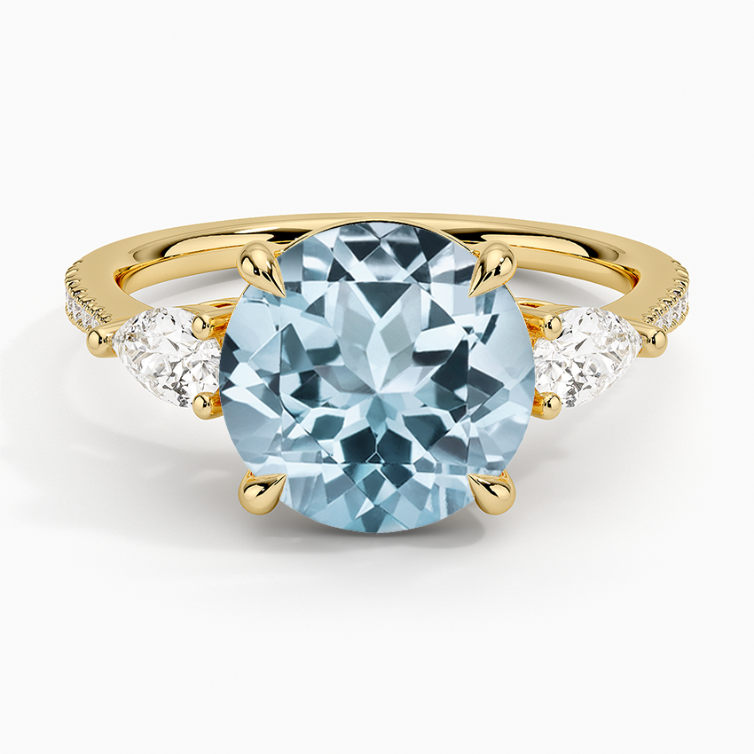 Aquamarine Opera Accented Three Stone Diamond Ring in 18K Yellow Gold