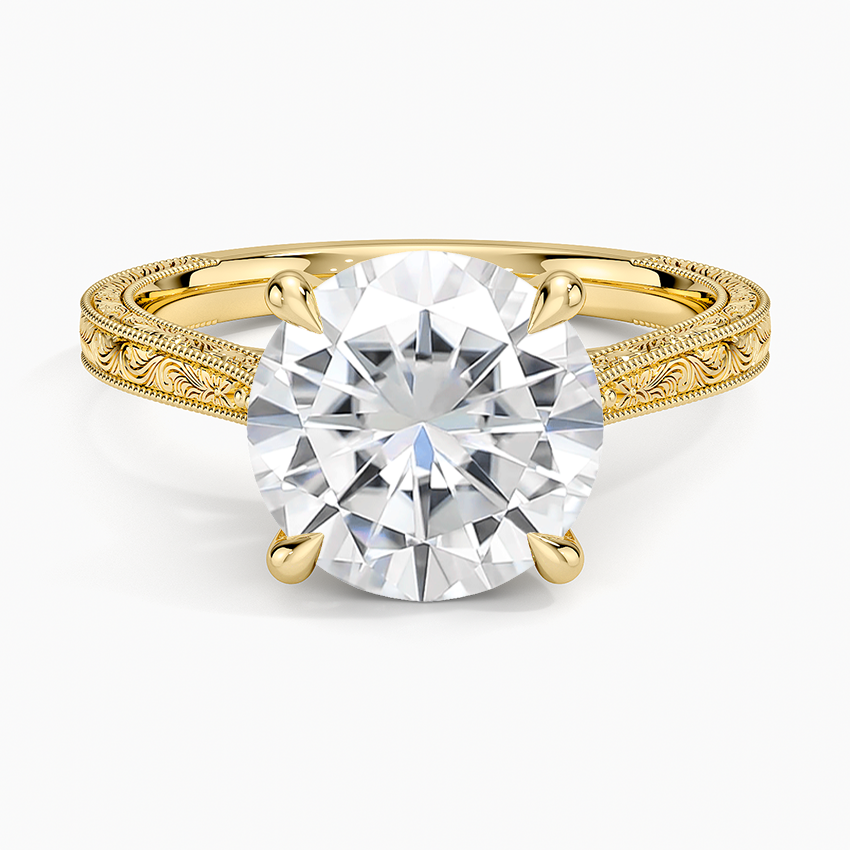 Moissanite Elsie Engraved Ring in 14K Yellow Gold