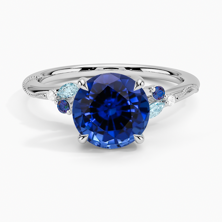Lab Grown Sapphire Camellia Indigo Milgrain Ring in 18K White Gold