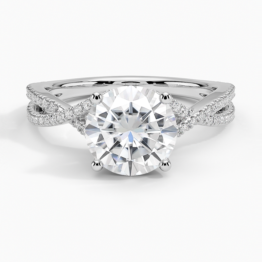 Moissanite Jacinta Twisting Split Shank Diamond Ring in 18K White Gold