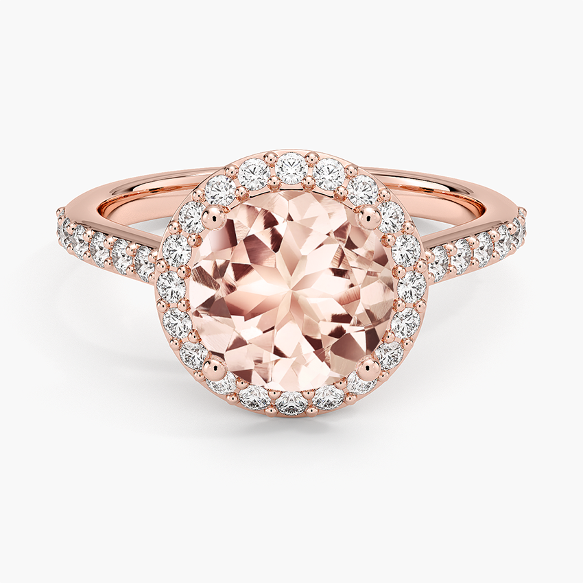 Morganite Halo Diamond Ring with Side Stones (1/3 ct. tw.) in 14K Rose Gold