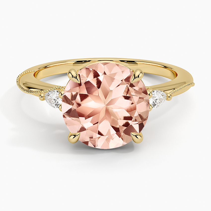 Morganite Camellia Three Stone Pear Diamond Ring in 14K Yellow Gold