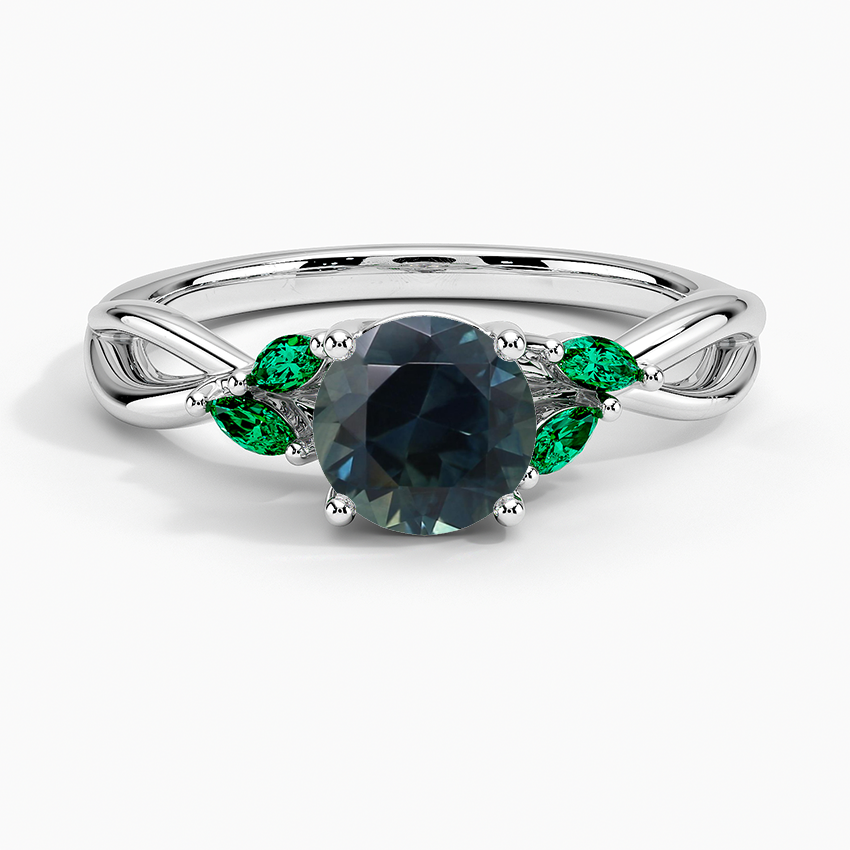Sapphire Willow Ring With Lab Emerald Accents in 18K White Gold