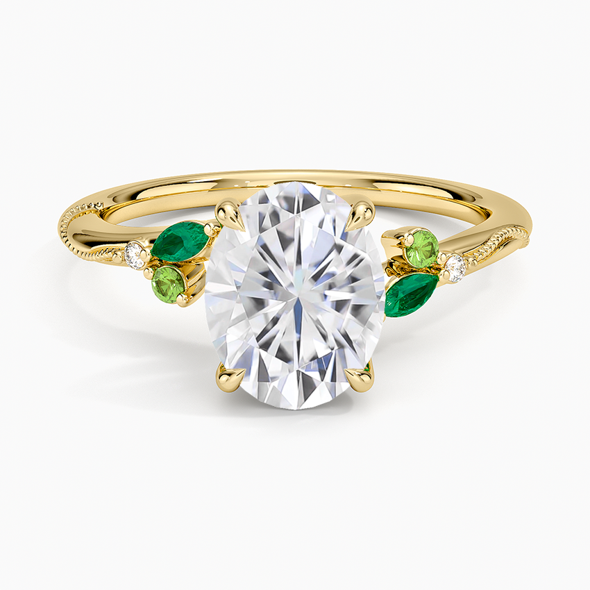 Moissanite Camellia Milgrain Green Gemstone and Diamond Ring in 14K Yellow Gold