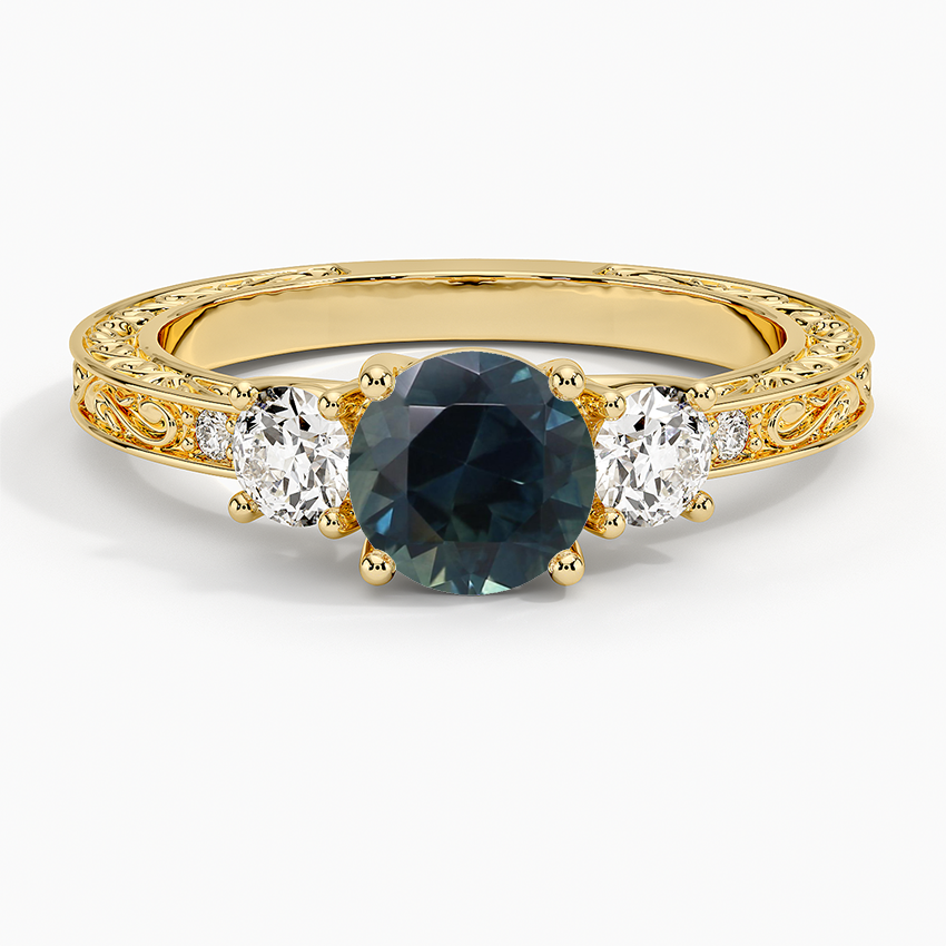 Sapphire Antique Scroll Engraved Three Stone Diamond Ring (1/3 ct. tw.) in 14K Yellow Gold