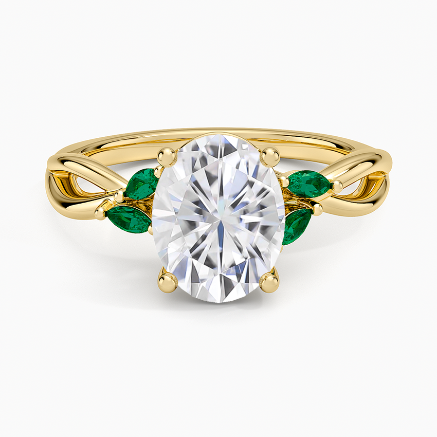 Moissanite Willow Ring With Lab Emerald Accents in 14K Yellow Gold